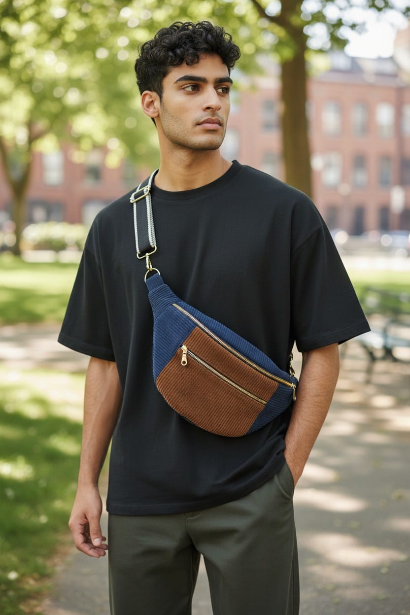 Sac Banane homme ou femme Velours Côtelé Noir & Marron cocoleeline