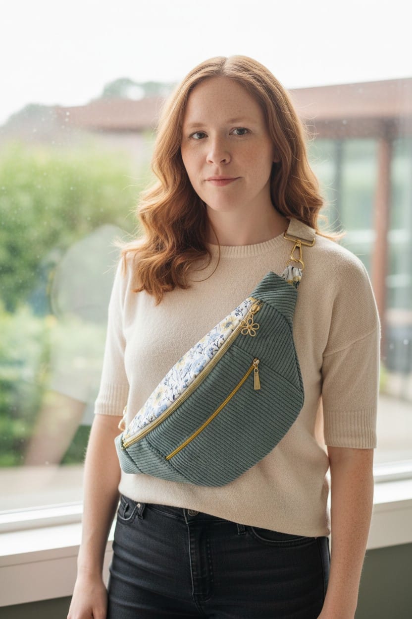 Sac banane pour femme en velours côtelé bleu clair – Poche avant – Intérieur fleuri cocoleeline