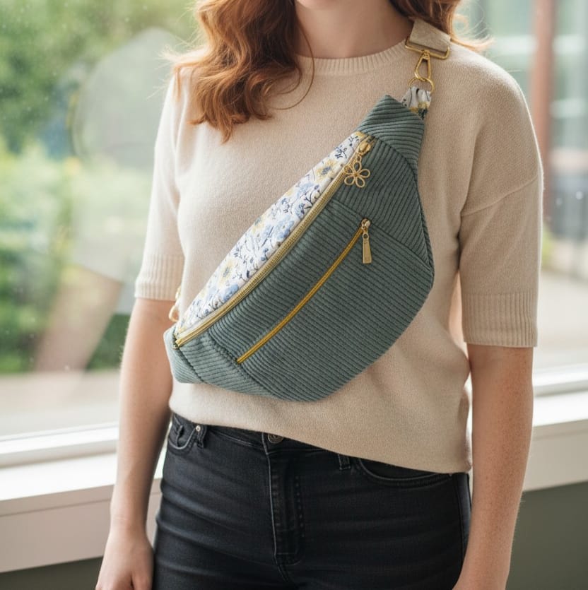 Sac banane pour femme en velours côtelé bleu clair – Poche avant – Intérieur fleuri cocoleeline
