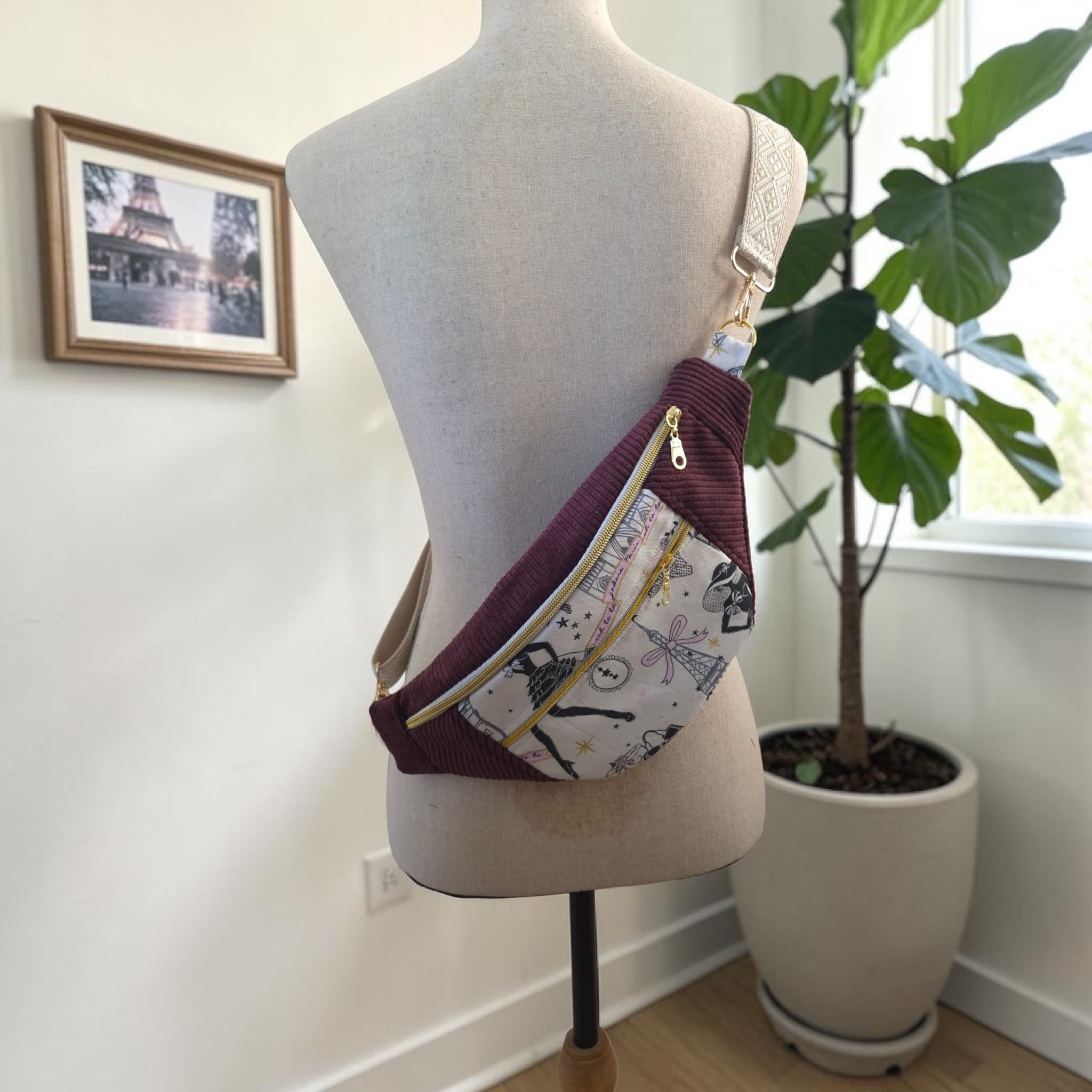 Sac banane pour femme  en velours côtelé Prune cocoleeline