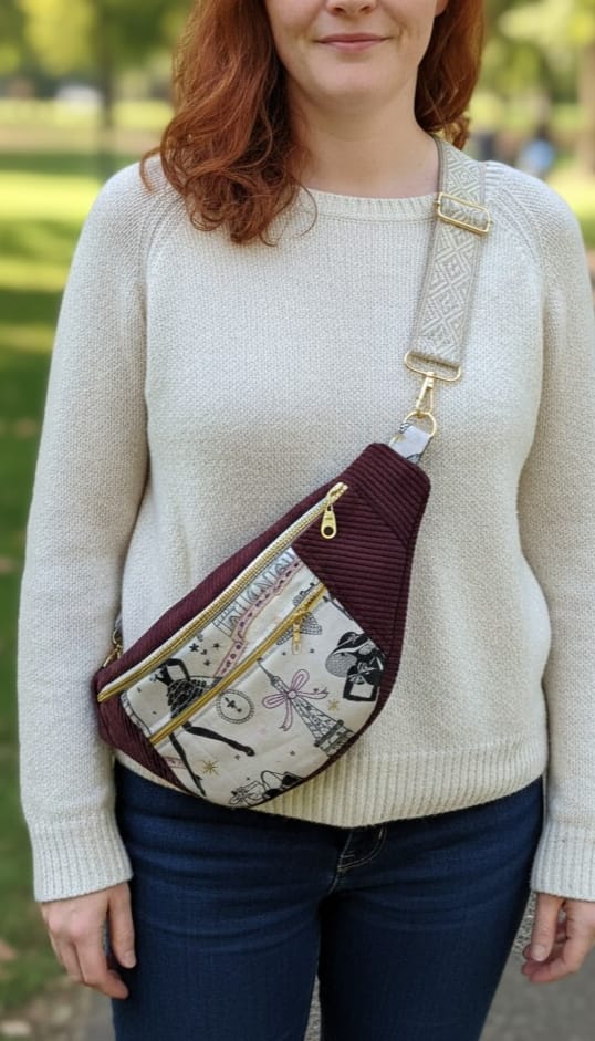 Sac banane pour femme  en velours côtelé Prune cocoleeline