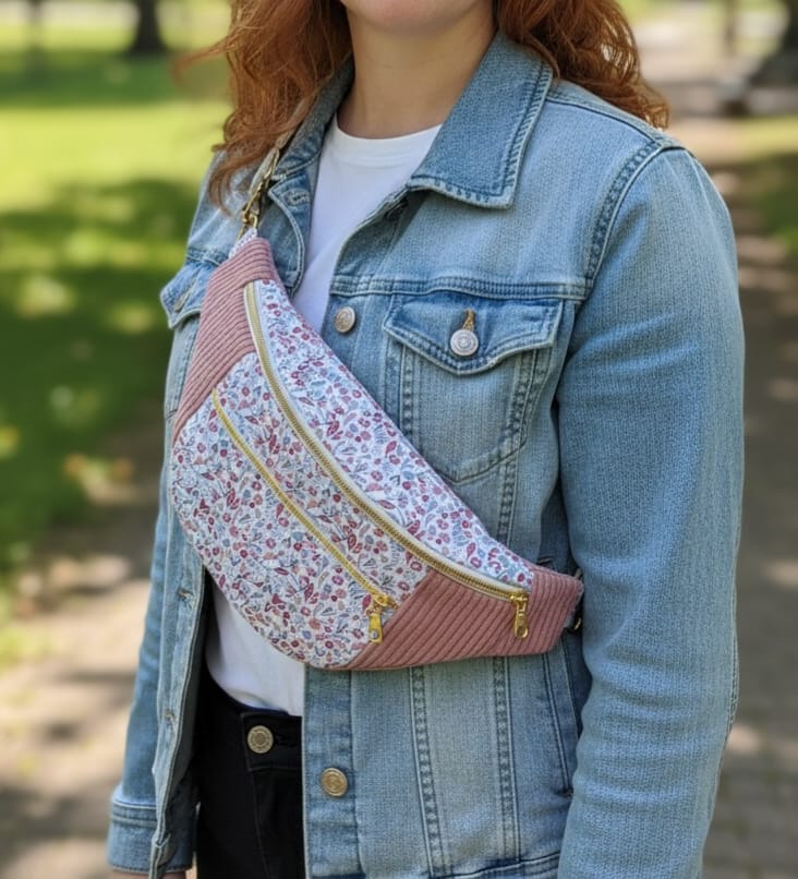 Sac banane pour femme  en velours côtelé rose clair cocoleeline