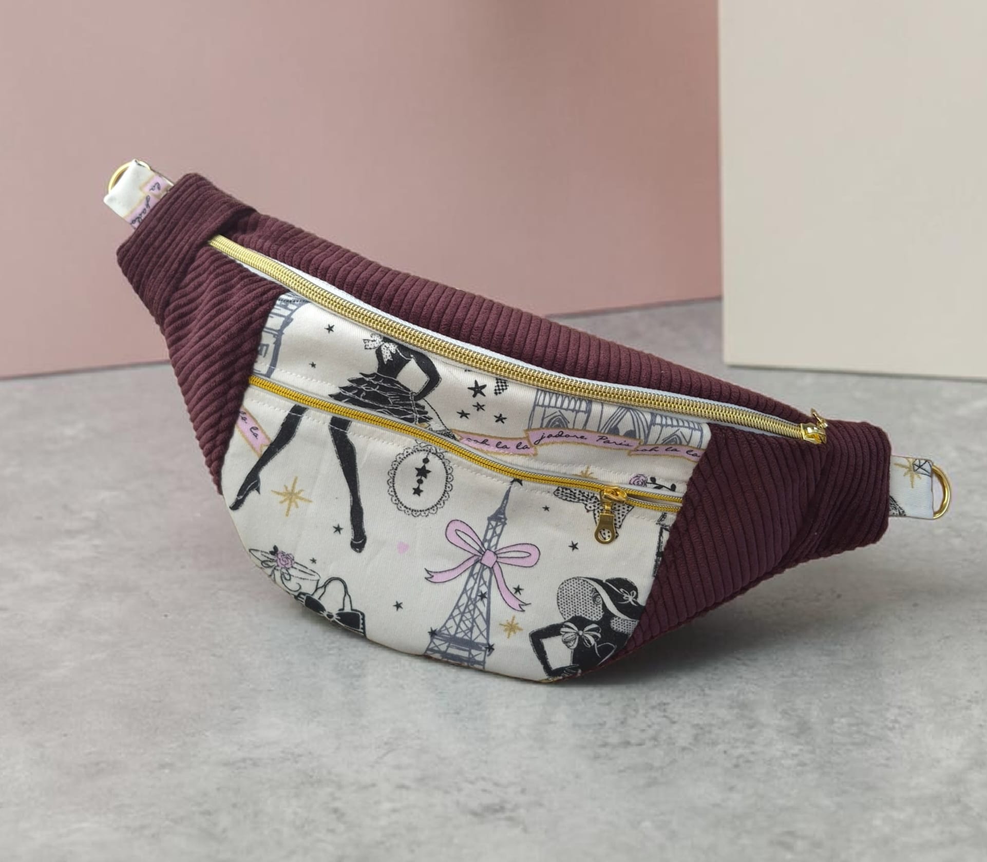 Sac banane pour femme  en velours côtelé Prune cocoleeline