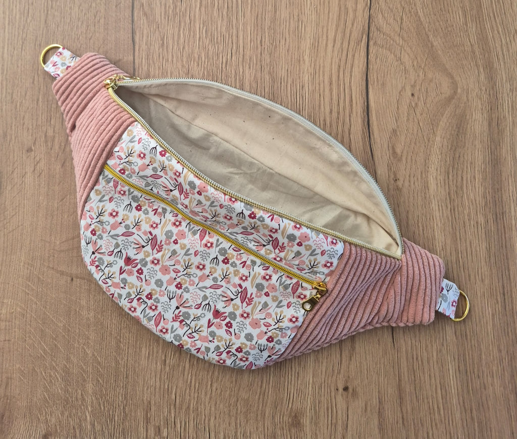 Sac banane pour femme  en velours côtelé rose clair cocoleeline