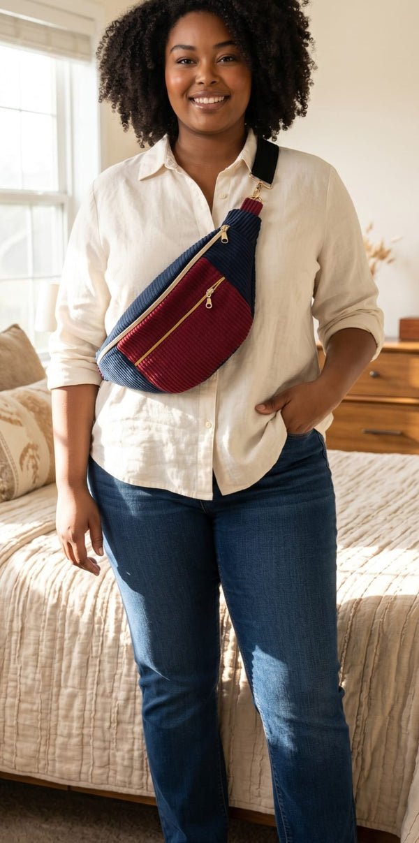 Sac banane pour homme ou femme bicolore en velours côtelé – Bleu marine & Bordeaux cocoleeline