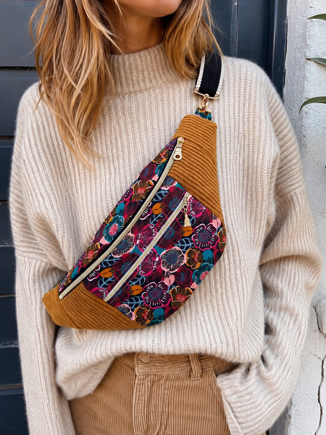 Sac banane  pour femme  en velours côtelé rouille – Fleuri cocoleeline
