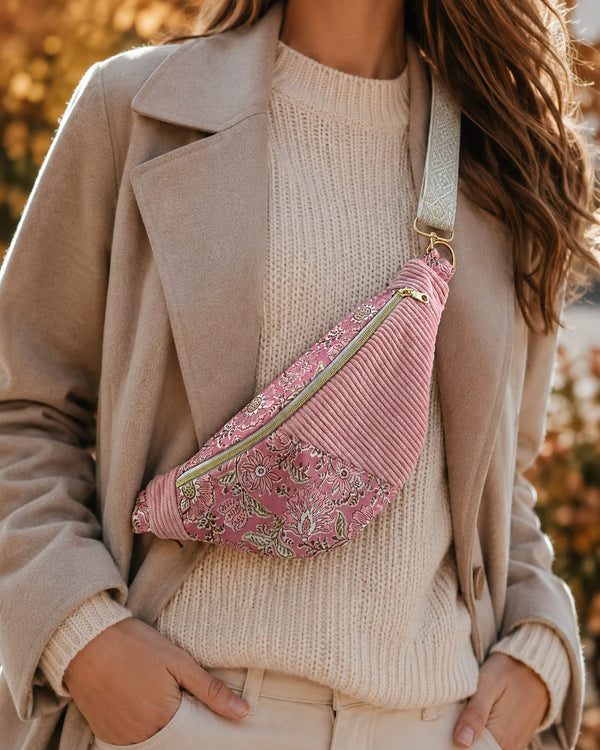 Sac banane femme velours côtelé rose clair et tissu fleuri cocoleeline