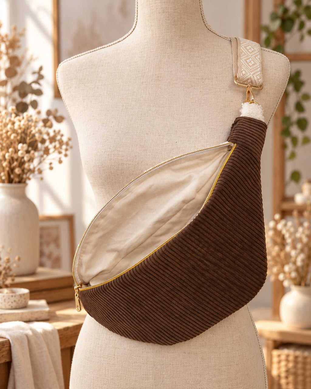 intérieur du sac banane femme en velours côtelé marron 