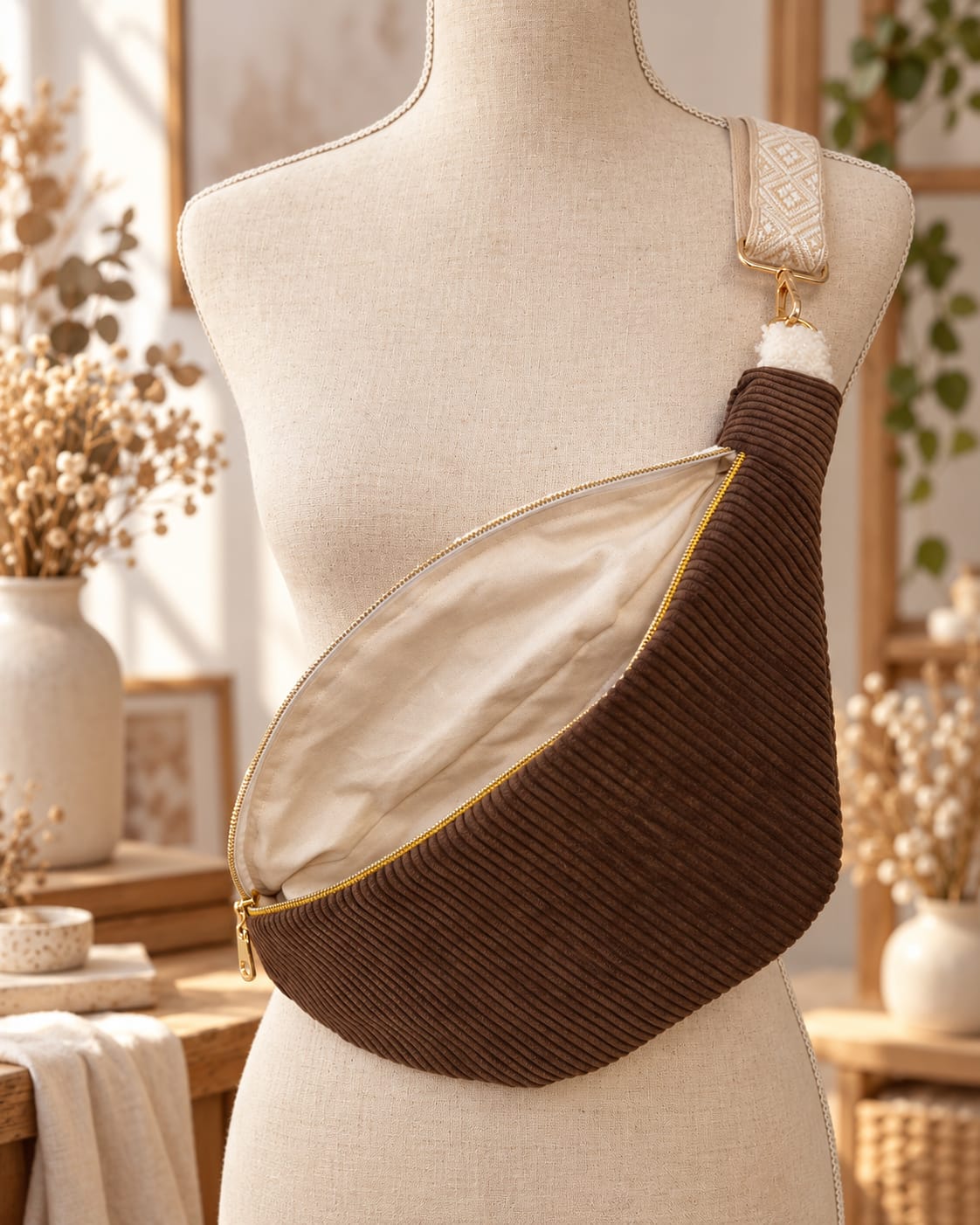 intérieur du sac banane femme en velours côtelé marron 