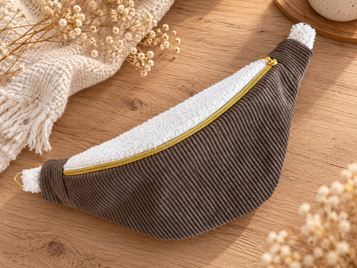 Sac banane femme en velours côtelé marron et moumoute blanche 