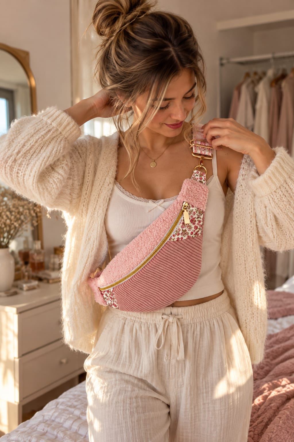 Sac banane femme rose en velours côtelé , moumoute et tissu fleuri