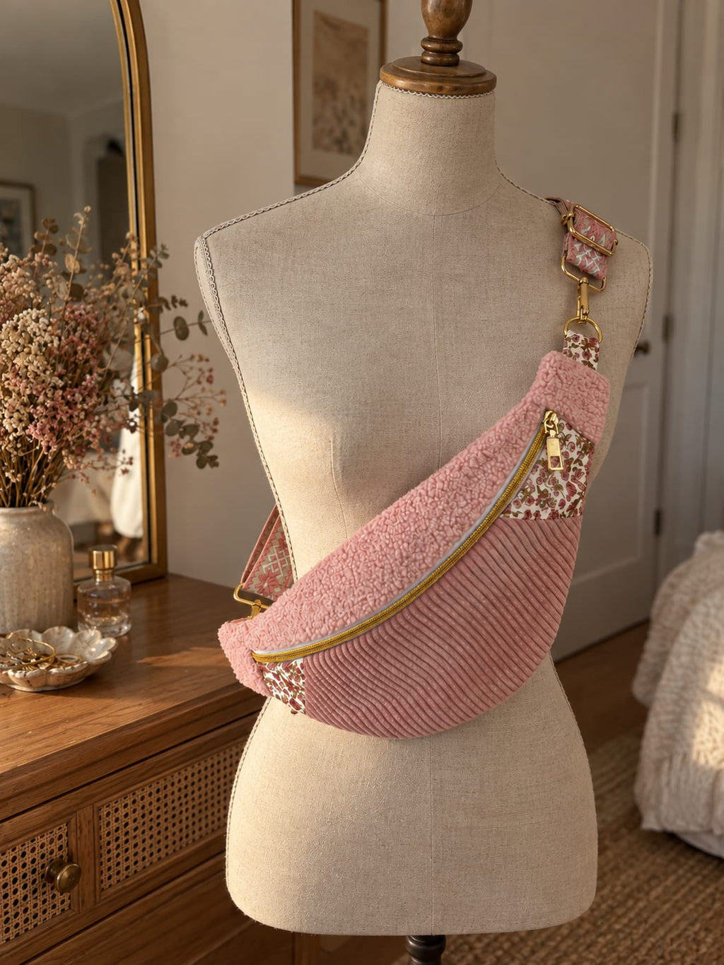 sac banane femme rose porté en bandoulière