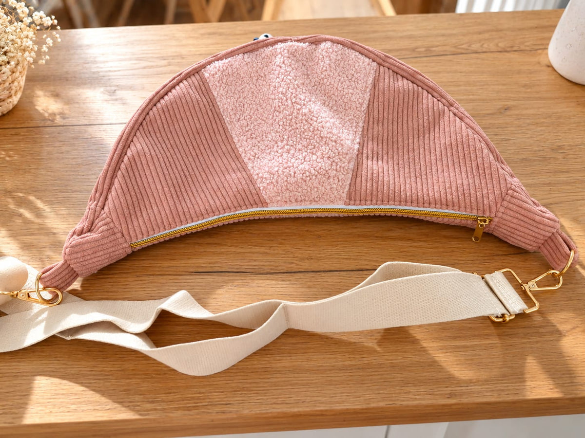 Sac banane demi-lune rose clair – Velours côtelé & moumoute Ma boutique
