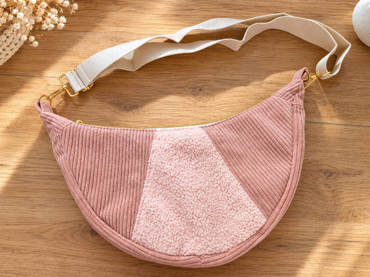 Sac banane demi-lune rose clair – Velours côtelé & moumoute Ma boutique