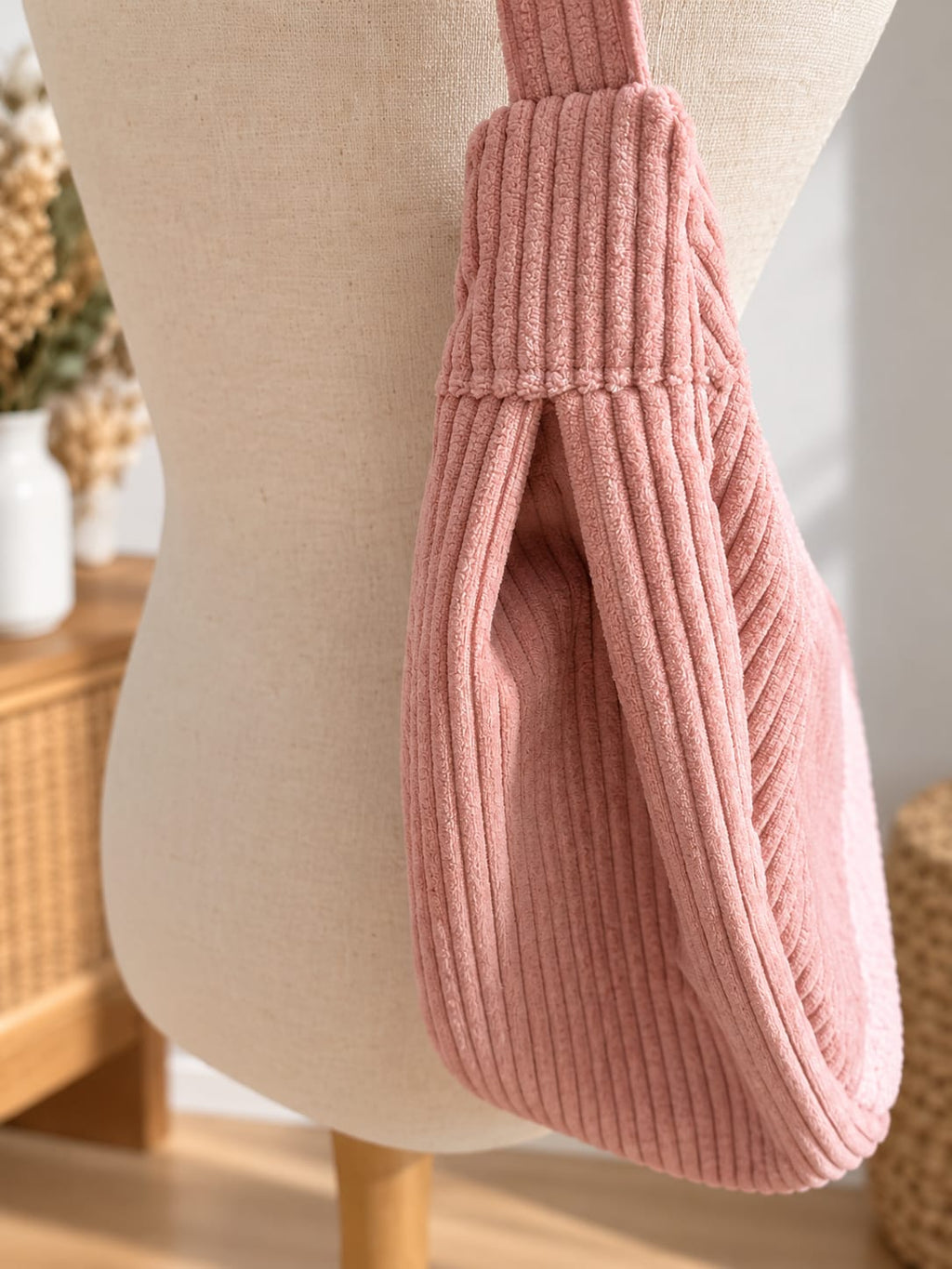 Sac banane demi-lune rose clair – Velours côtelé & moumoute Ma boutique