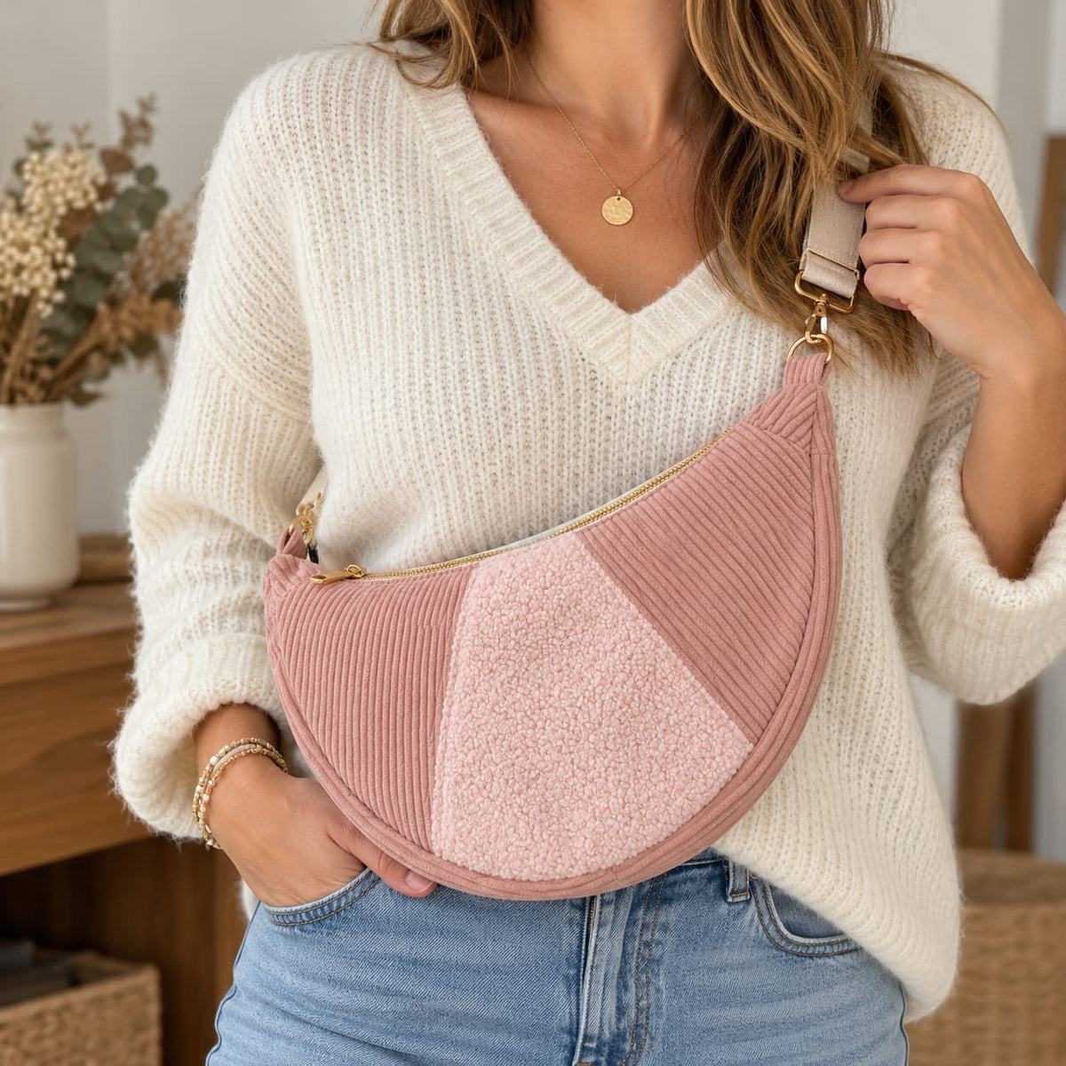 Sac banane demi-lune rose clair – Velours côtelé & moumoute Ma boutique