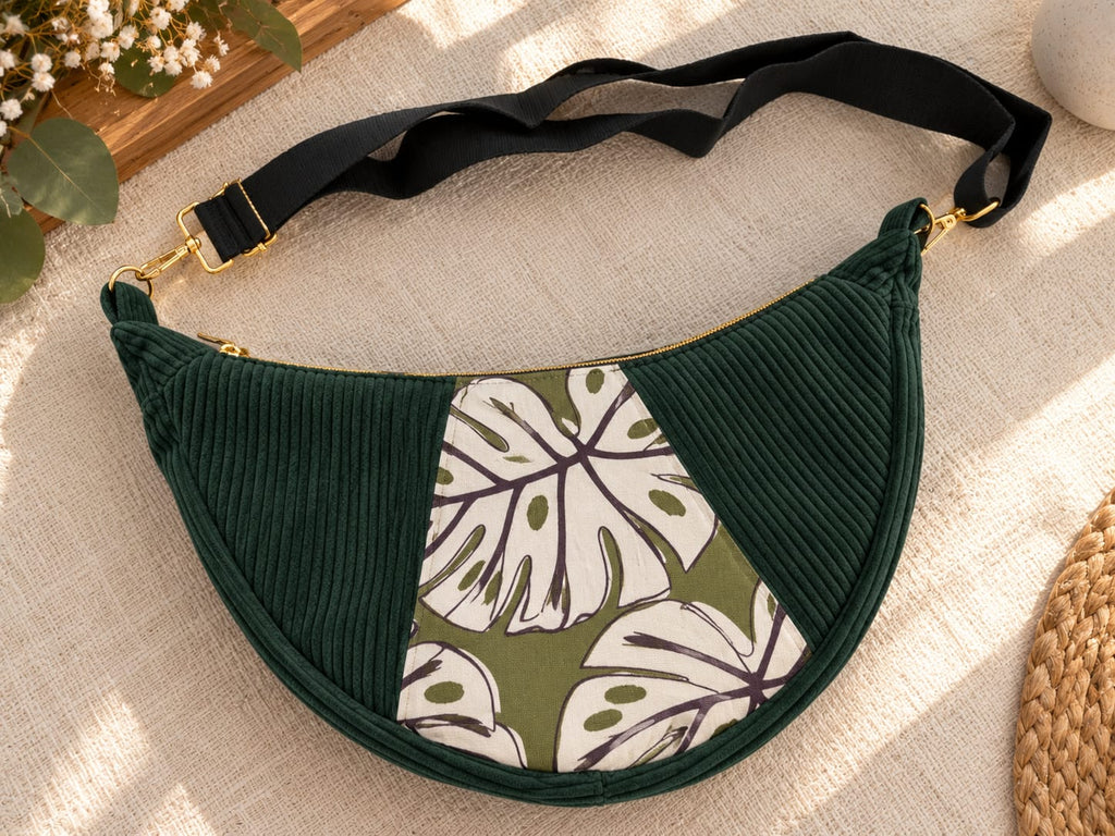 Sac banane demi-lune vert sapin – Velours côtelé & motif feuilles Ma boutique