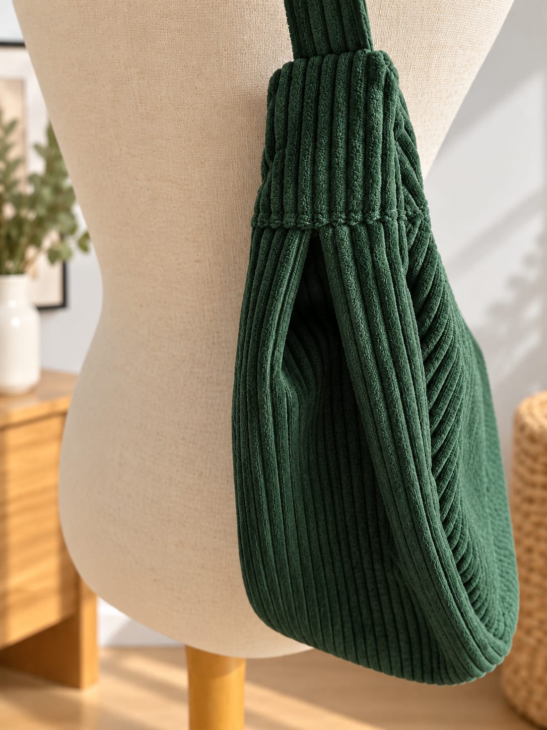 Sac banane demi-lune vert sapin – Velours côtelé & motif feuilles Ma boutique