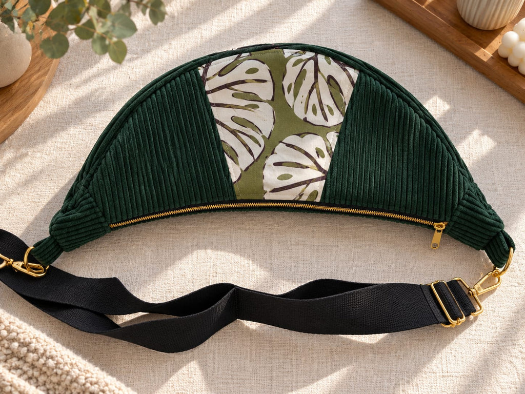 Sac banane demi-lune vert sapin – Velours côtelé & motif feuilles Ma boutique