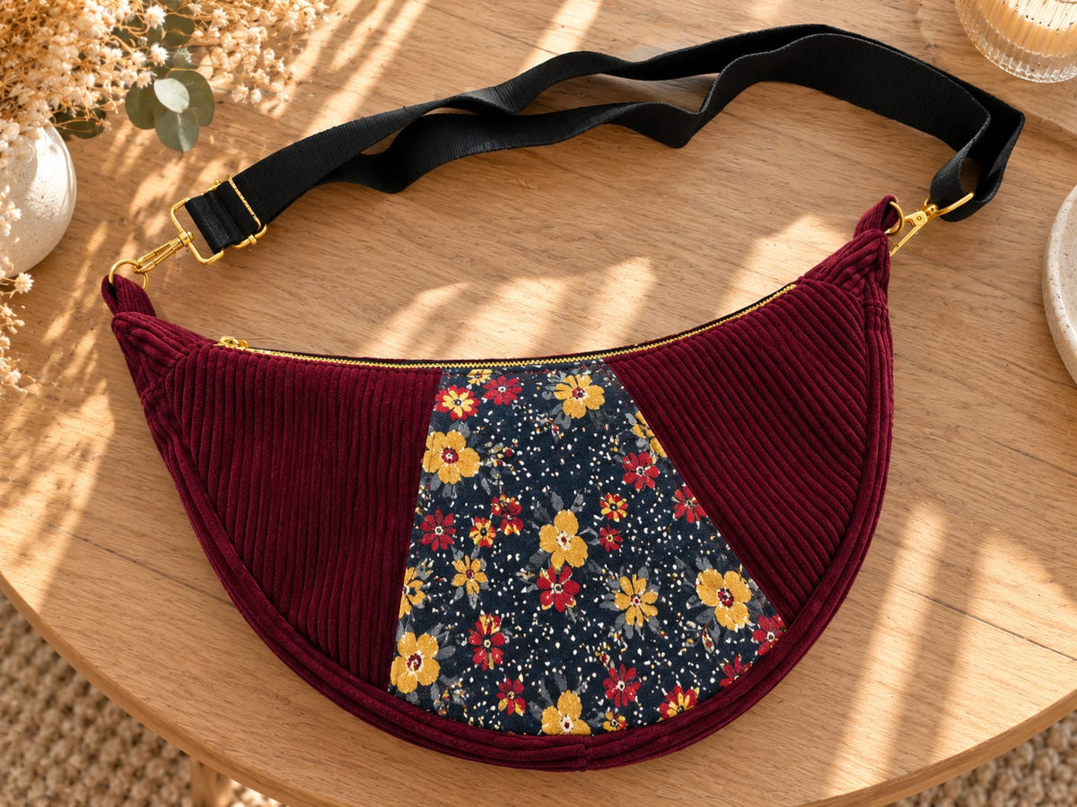 Sac banane demi-lune bordeaux fleuri – Velours côtelé &amp; motif floral cocoleeline