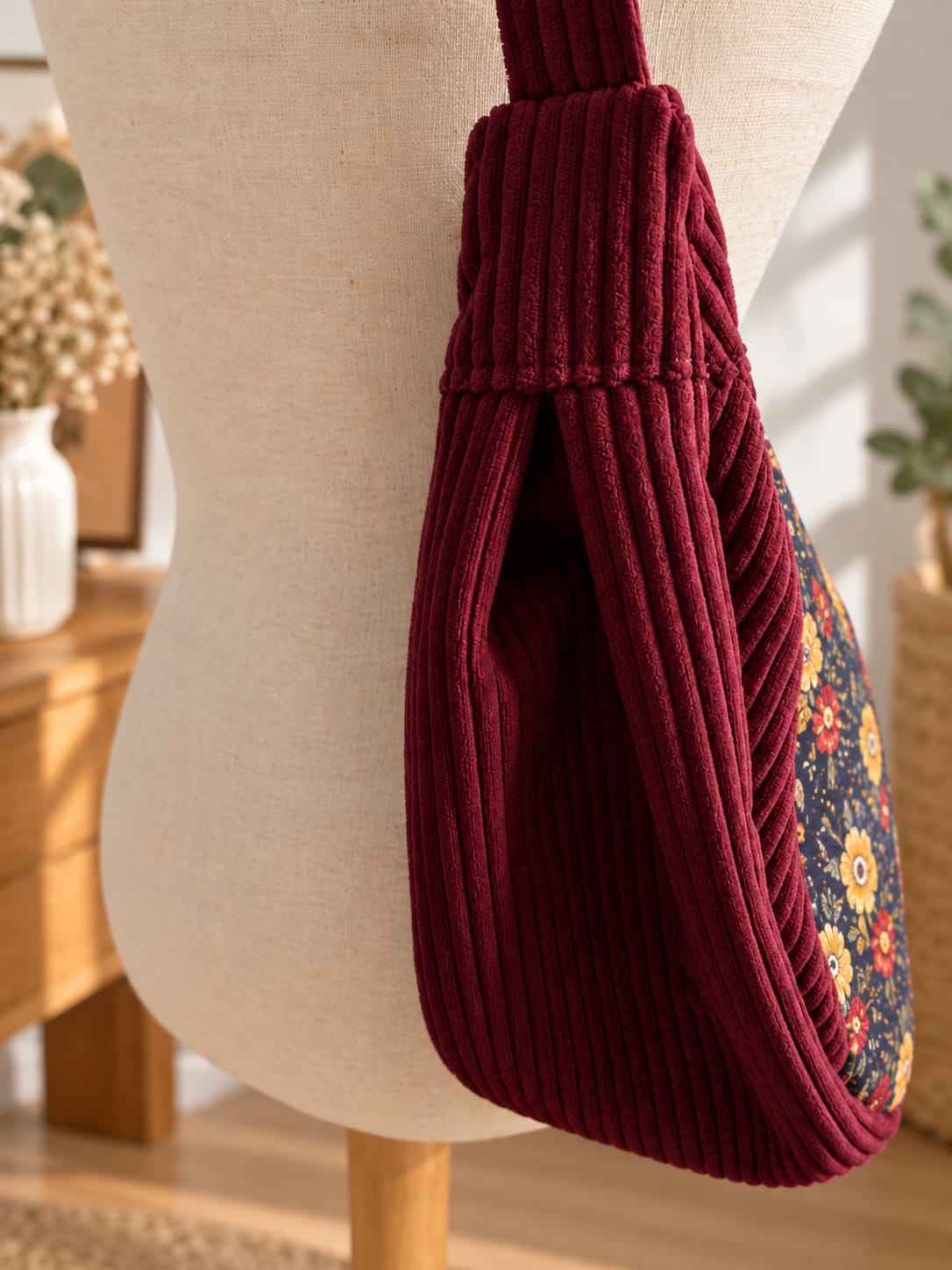 Sac banane demi-lune bordeaux fleuri – Velours côtelé &amp; motif floral cocoleeline