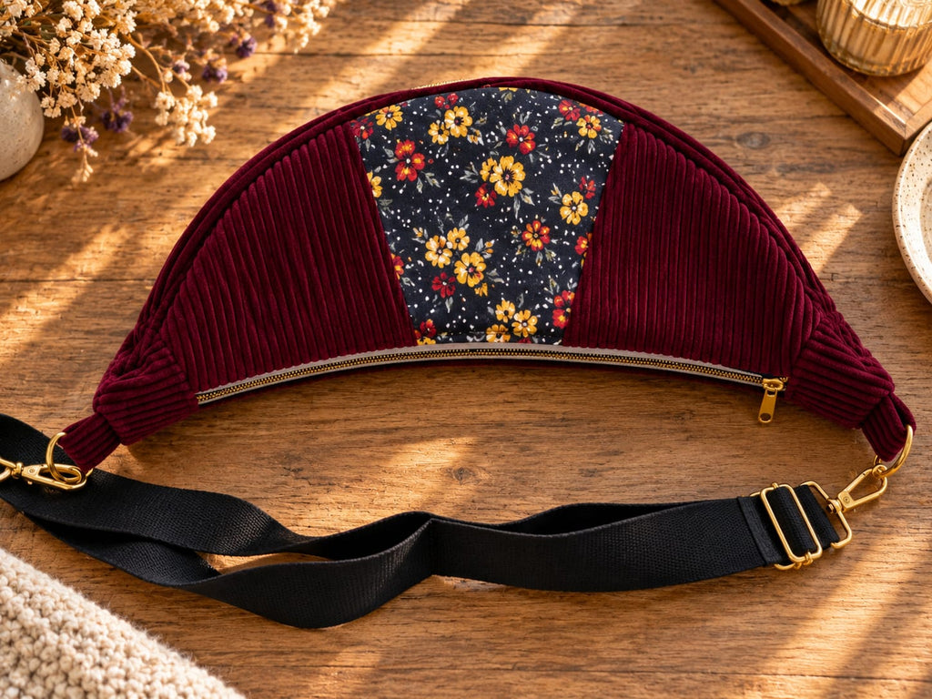 Sac banane demi-lune bordeaux fleuri – Velours côtelé &amp; motif floral cocoleeline