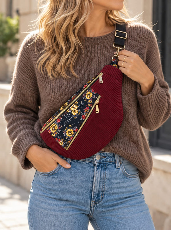 Sac banane en velours côtelé bordeaux et motif fleuri – Avec poche avant Ma boutique
