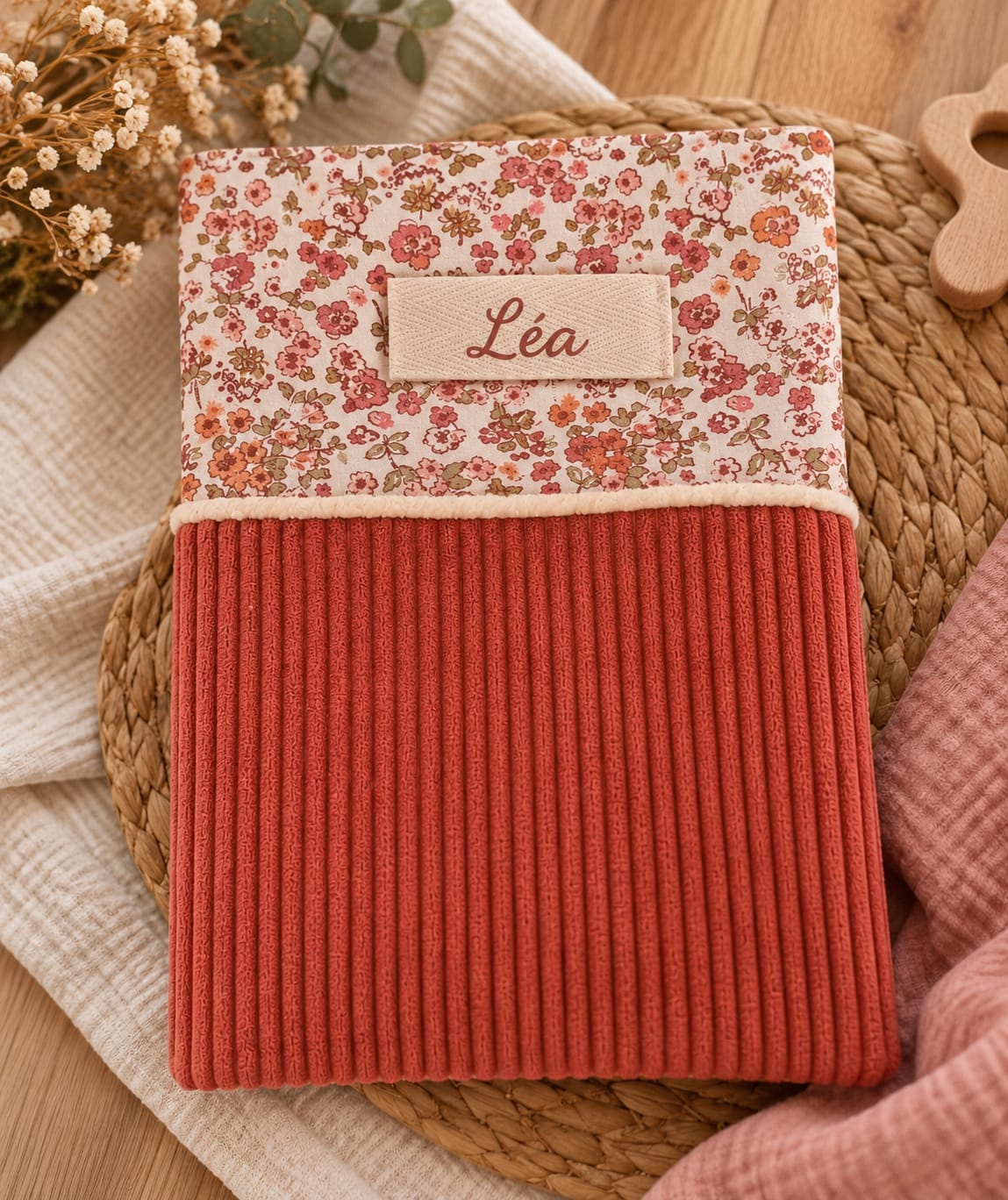 Protège carnet de santé bébé personnalisable en velours côtelé et tissu à motifs Ma boutique