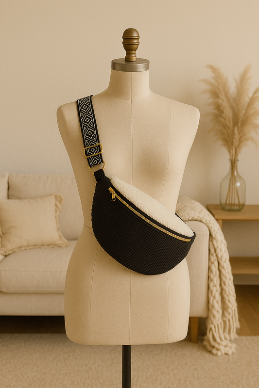 Sac banane femme en velours côtelé noir et moumoute blanche "FANNIA" cocoleeline
