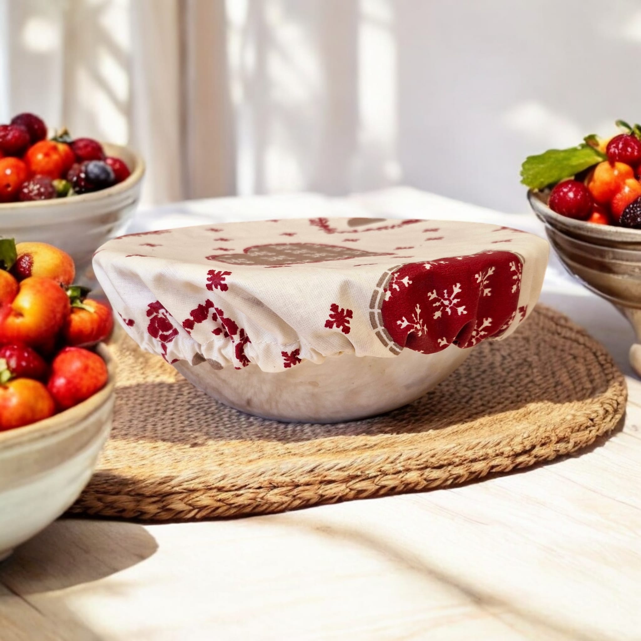 Lot de 3 Charlottes couvre-plat  Alimentaires Réutilisables en Coton Imperméable – Motif Cœur Rouge cocoleeline