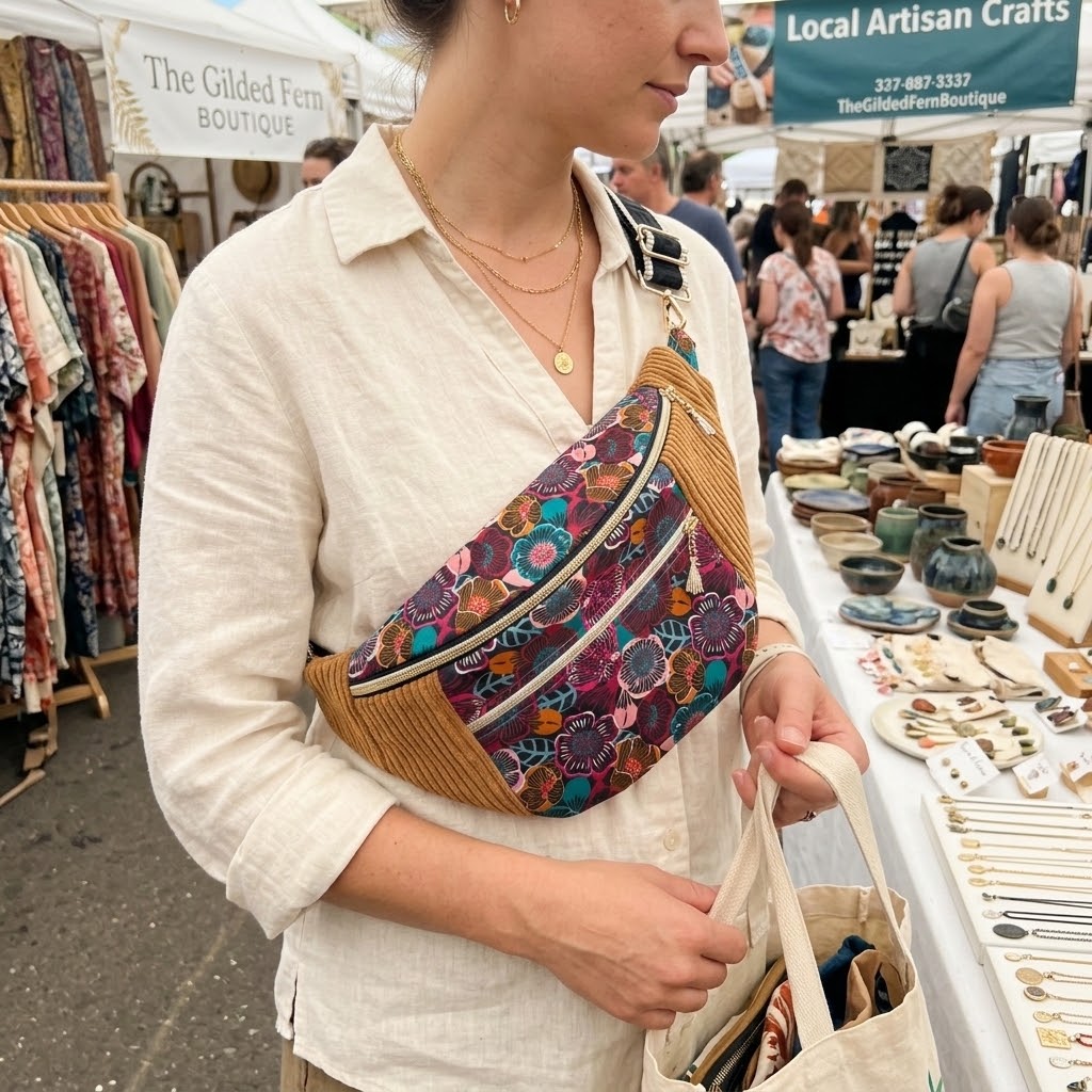 Sac banane  pour femme  en velours côtelé rouille – Fleuri cocoleeline