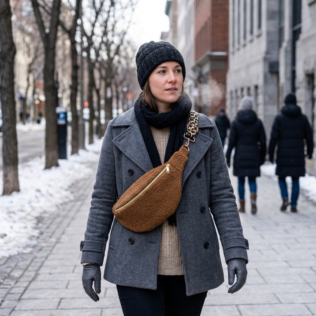 Sac banane en tissu bouclette moumoute camel – fait main en France ,idée cadeau femme cocoleeline