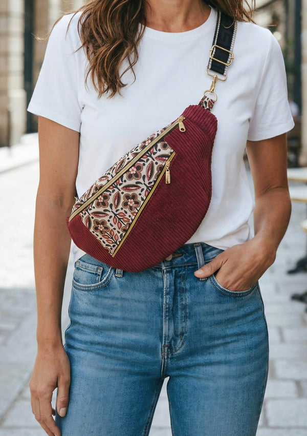 Sac banane pour femme XL en velours côtelé bordeaux cocoleeline