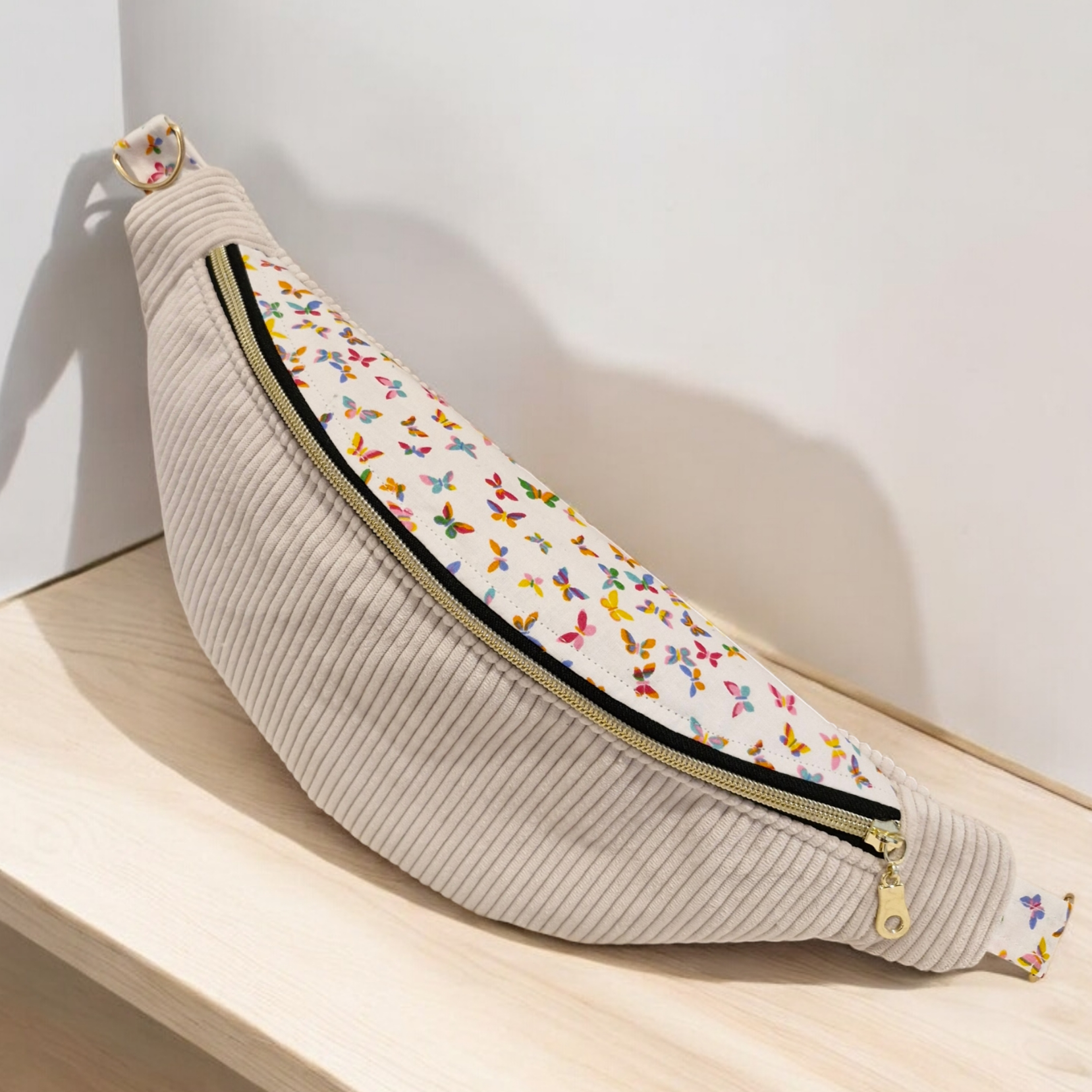 Sac banane femme en velours côtelé blanc écru motif papillon "BUTTERFLY" cocoleeline