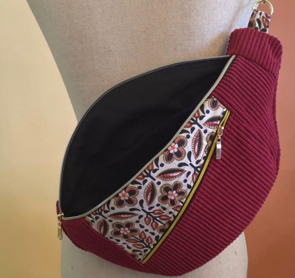 Sac banane pour femme XL en velours côtelé bordeaux cocoleeline