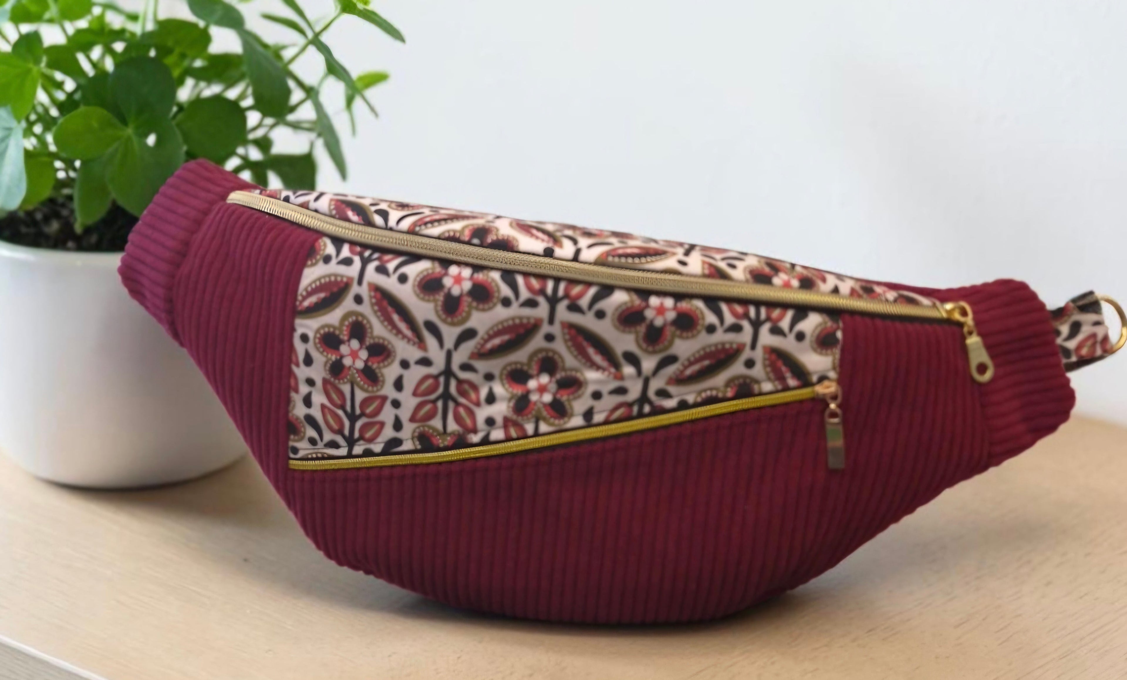 Sac banane pour femme XL en velours côtelé bordeaux cocoleeline