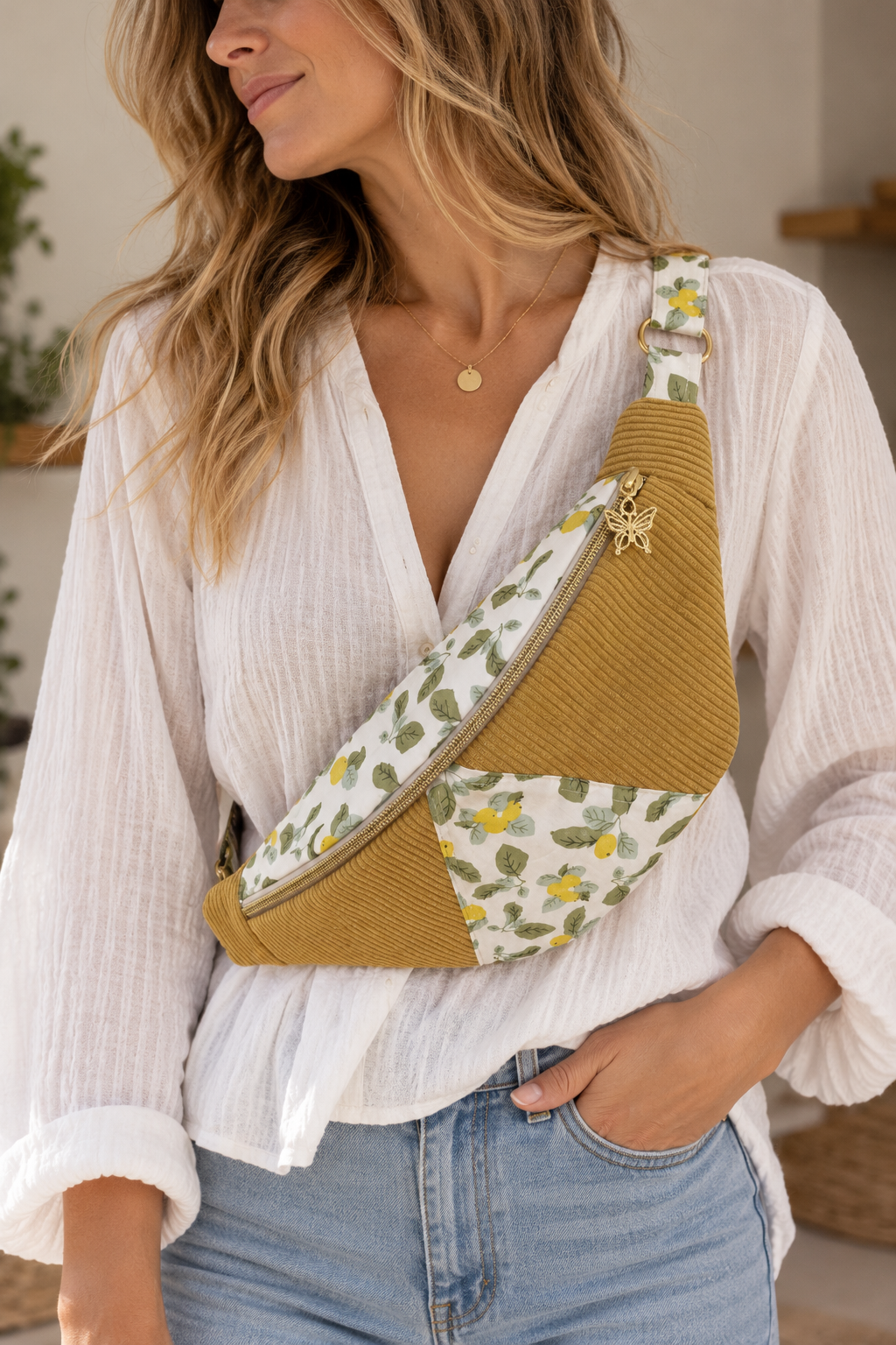 Sac banane citron & velours côtelé jaune – fait main en France , idée cadeau original cocoleeline