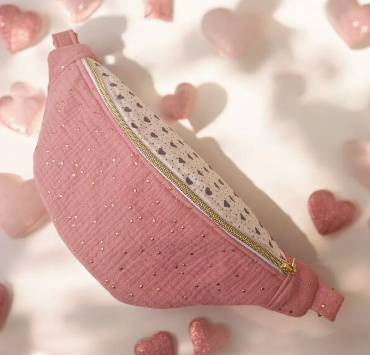 Sac Banane Femme en Double Gaze Rose avec Motif Petit Cœur - Accessoire Tendance et Confortable "VELBAN" cocoleeline