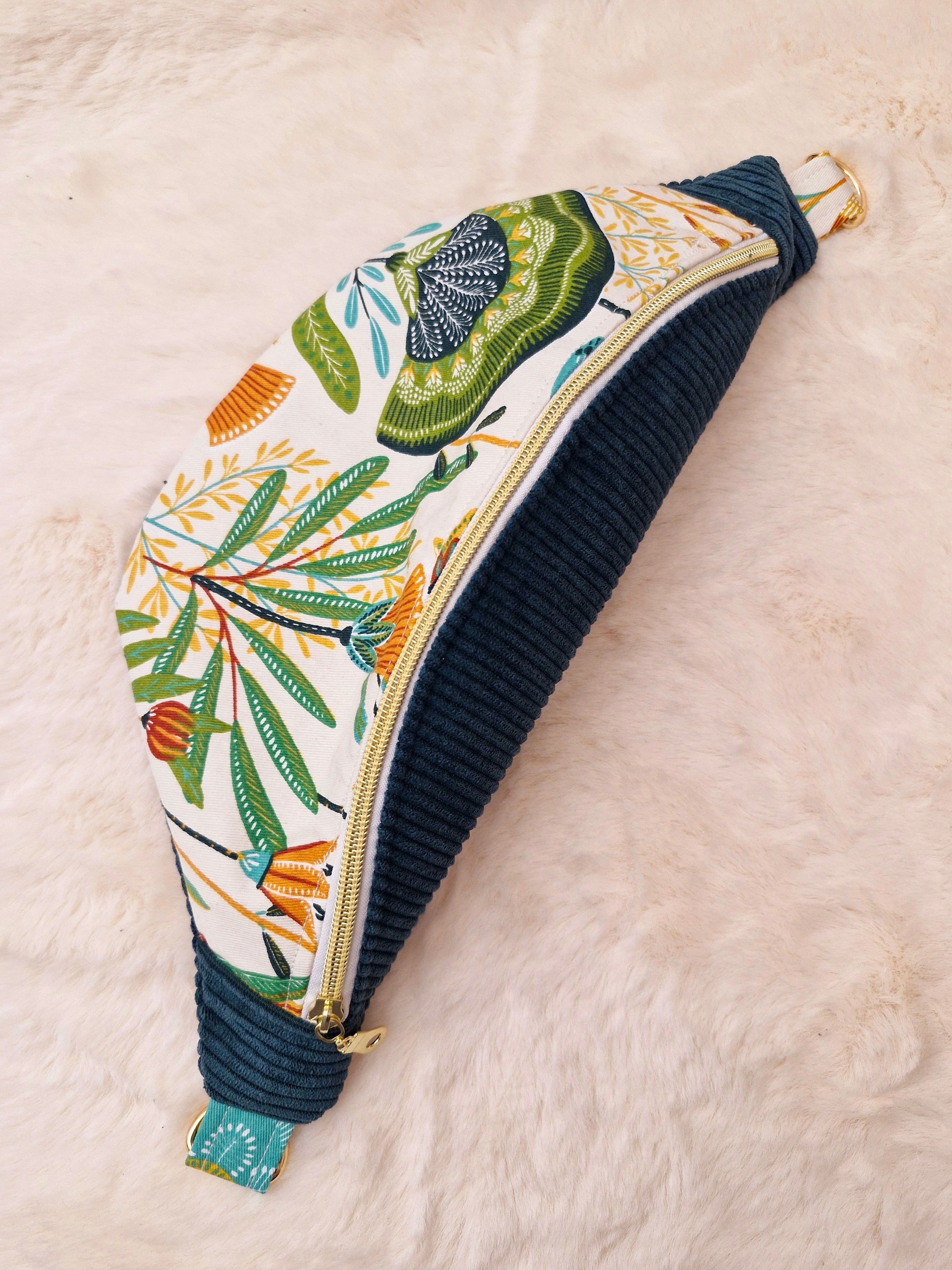 Sac banane femme en velours côtelé vert et motif fleur "ZINNIA" Ma boutique