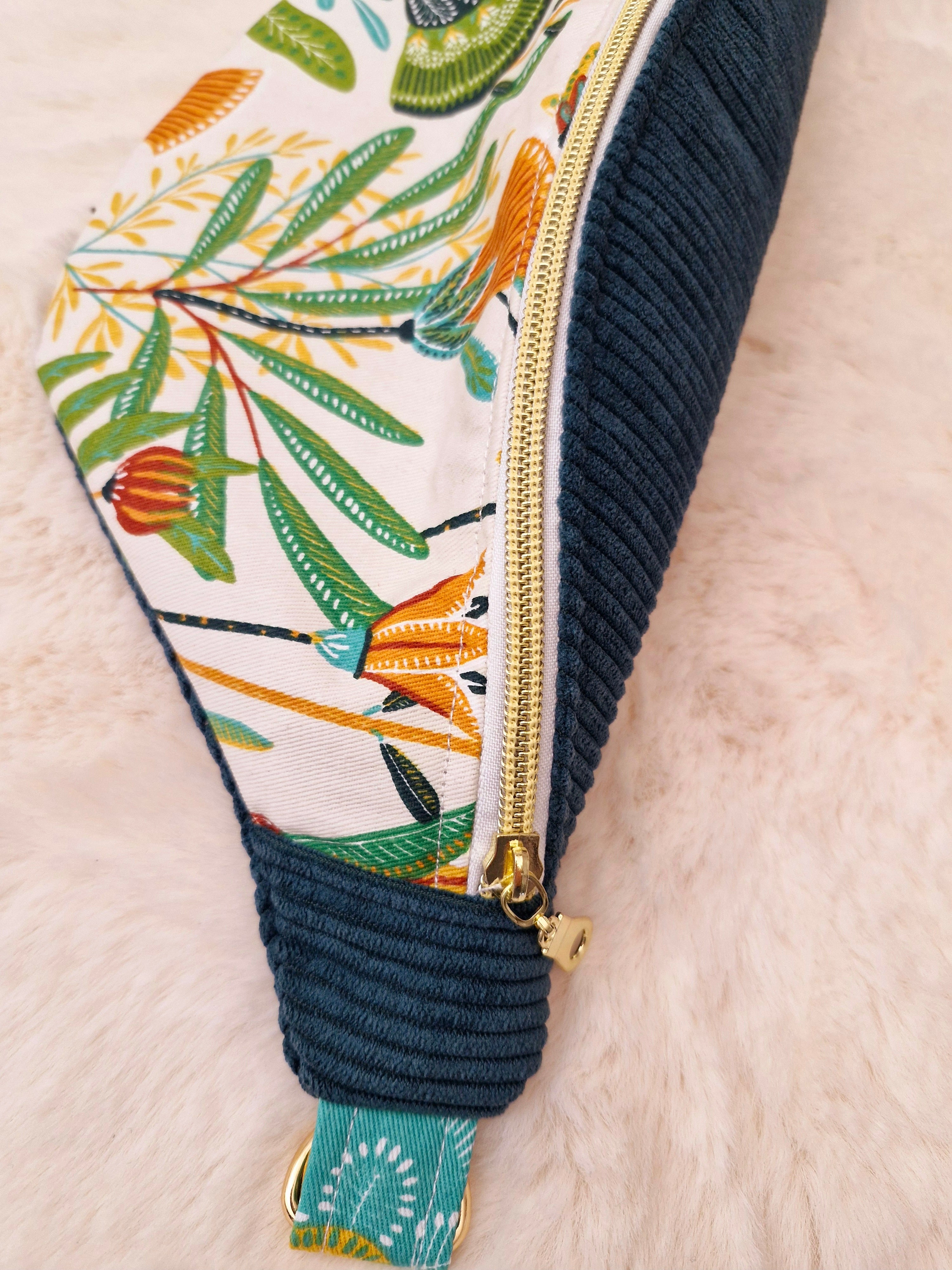 Sac banane femme en velours côtelé vert et motif fleur "ZINNIA" Ma boutique