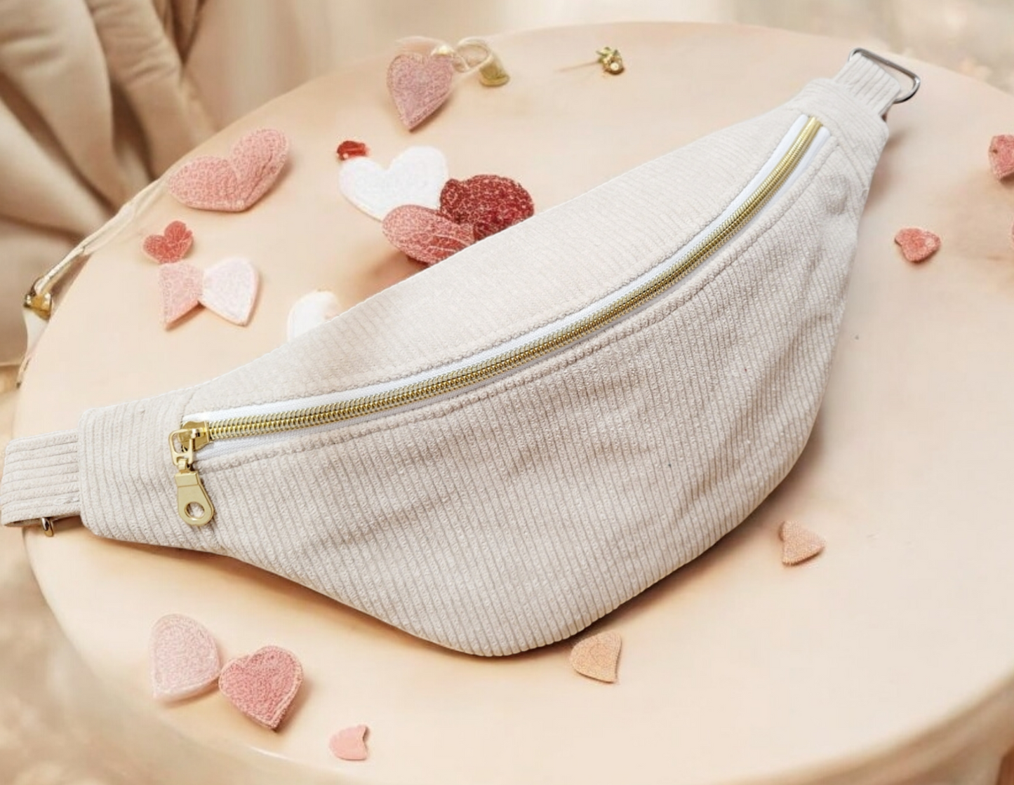 Sac banane femme en velours côtelé blanc écru  et intérieur petits cœurs  "BLANCHE" Ma boutique