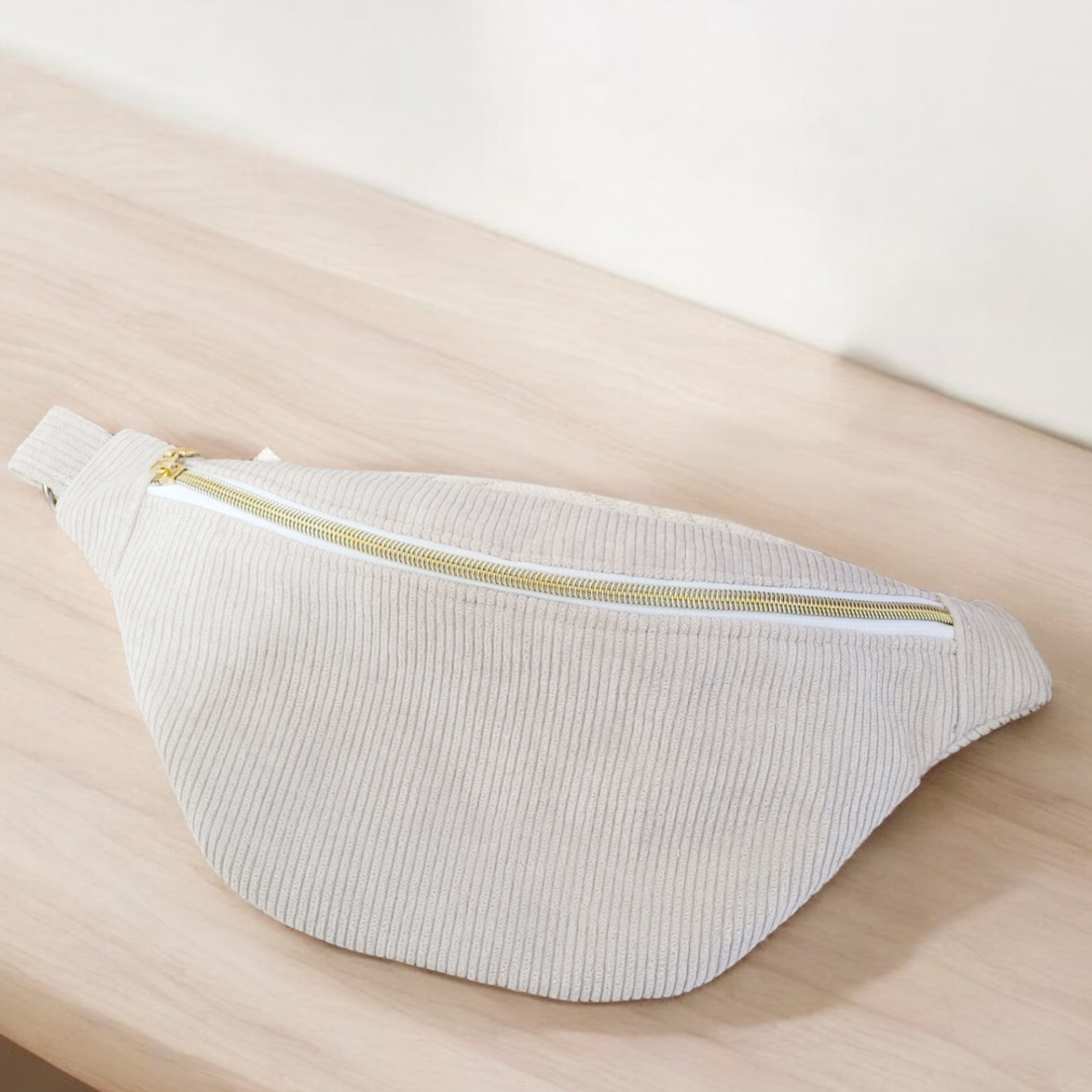 Sac banane femme en velours côtelé blanc écru  et intérieur petits cœurs  "BLANCHE" Ma boutique