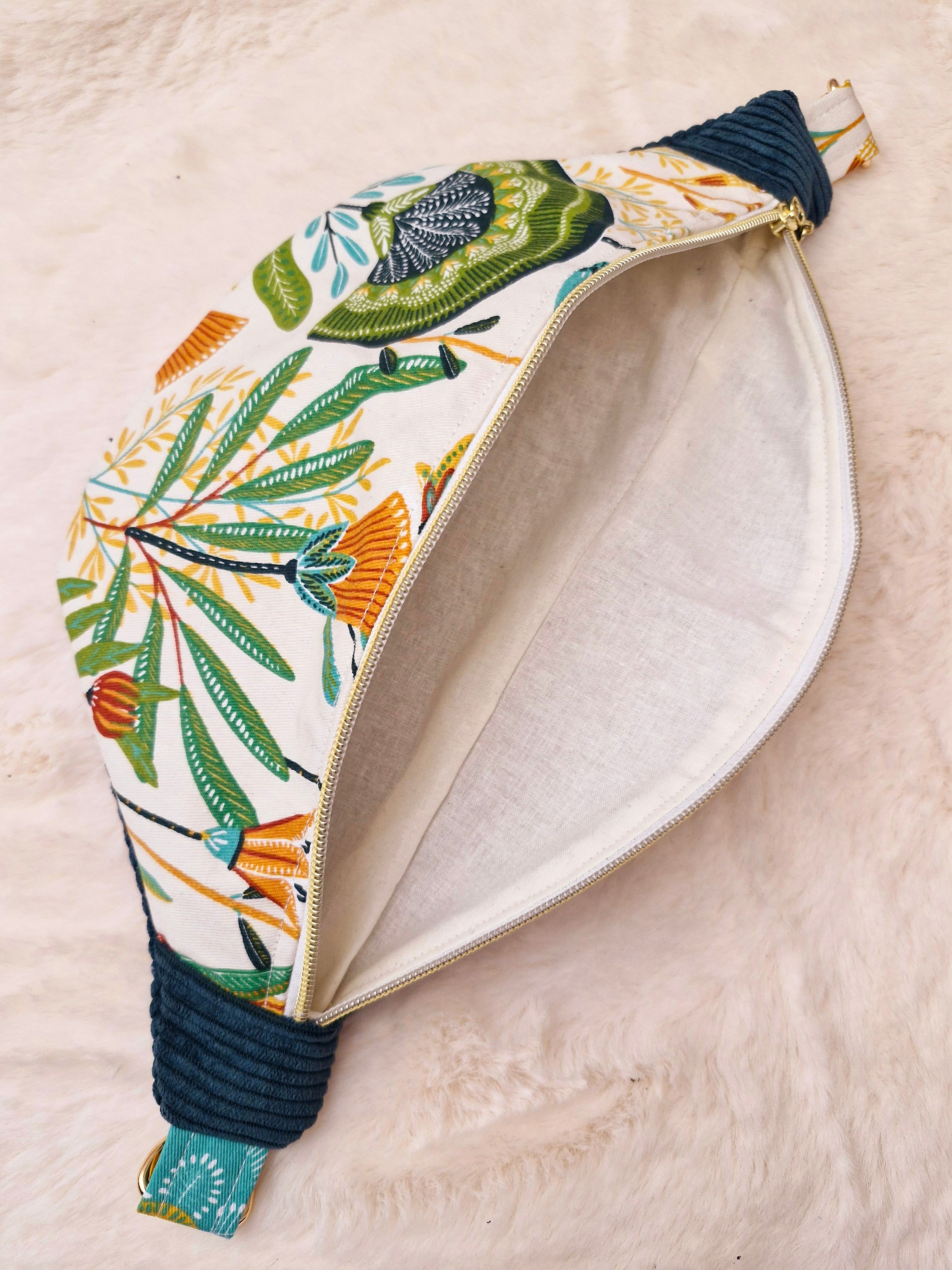 Sac banane femme en velours côtelé vert et motif fleur "ZINNIA" Ma boutique